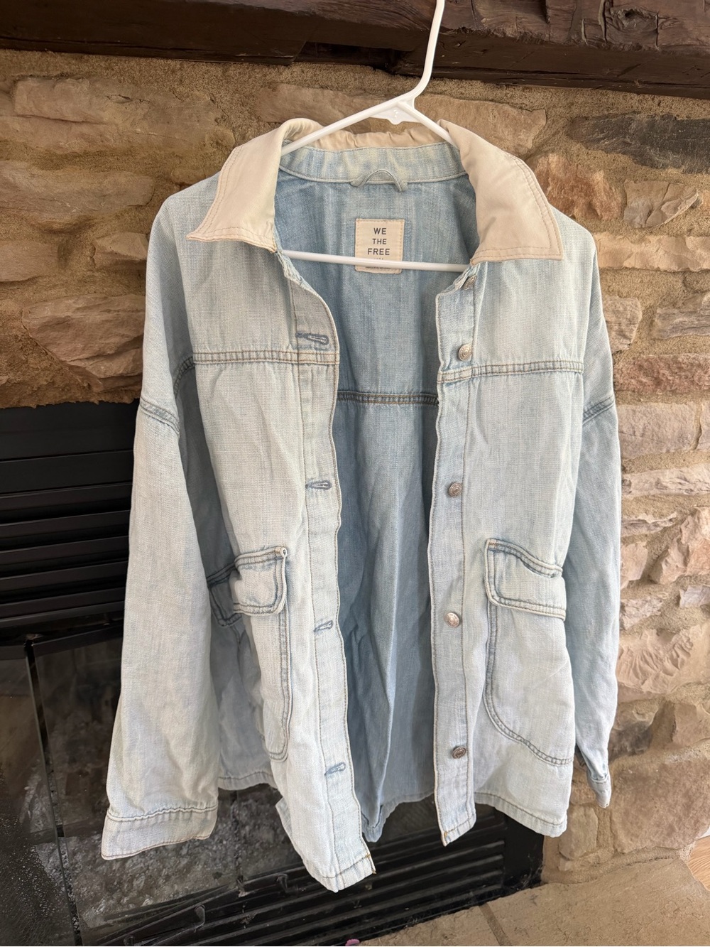 Free People Light Blue Denim Jacket with Cream Collar - Picture 3 of 4